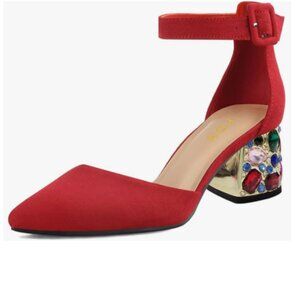 YDN Red Pointed Toe Ankle Strap Gemstone Studded Block Low Heel D'orsays Pumps
